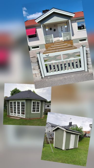 Hus målning Tre byggnader: en villa med vit entré, ett grönt lusthus och en mindre redskapsbod.